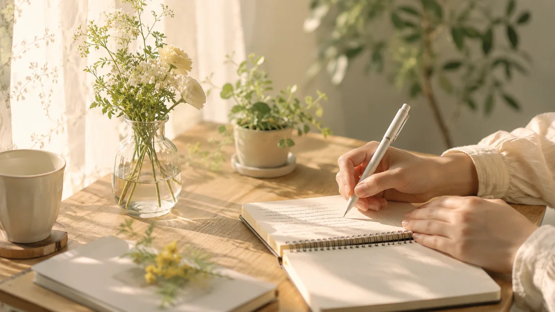 やわらかい光の中でノートに書きこむ手元